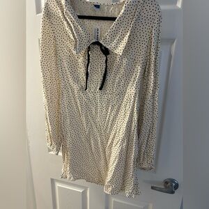 Old Navy Cream Polka Dot Long-Sleeve Dress with Black Neck Tie